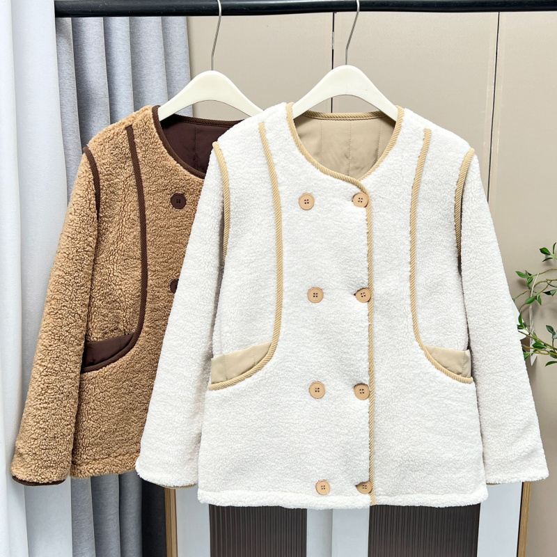 2025大码女装冬季新款胖MM保暖外套韩版设计感相色双排扣毛绒棉服