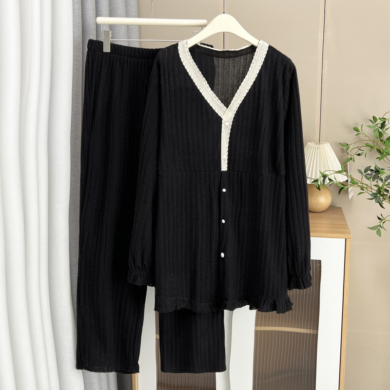 2025大码女装秋冬新款胖MM休闲拼色V领钉珠上衣裤子居家服两件套