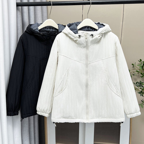 2025大码女冬季新款韩版休闲微皱连帽加厚棉衣200斤胖MM保暖棉袄