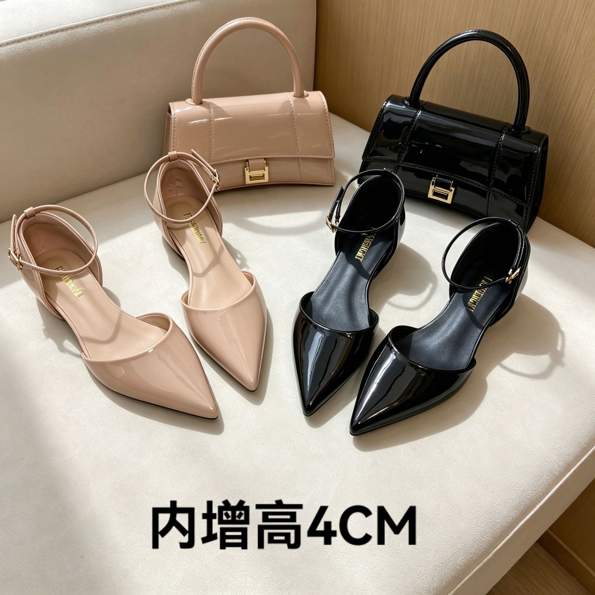 法式-尖头内增高4CM中空凉鞋夏季新款漆皮镂空优雅气质后带可拆卸