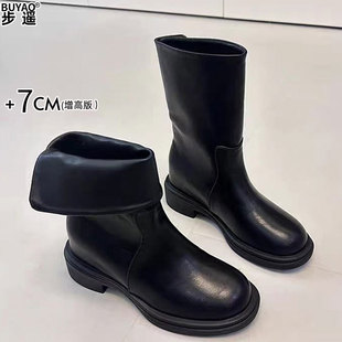 真皮可翻折两穿短靴女款内增高小个子马丁靴中筒靴粗跟显瘦骑士靴