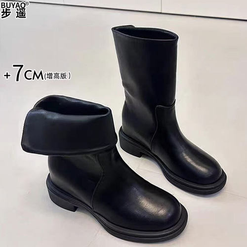 真皮可翻折两穿短靴女款内增高小个子马丁靴中筒靴粗跟显瘦骑士靴