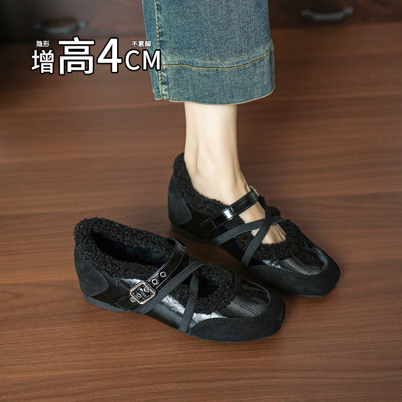 致流年398-A3内增高玛丽珍鞋冬季新款交叉绑带保暖复古单鞋加绒鞋