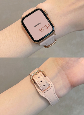 适用apple watch8苹果手表真皮表带智能iwatch7高级感s6/5/4/se秋夏女生款高级柔软皮质表带41/45mm腕带ins风