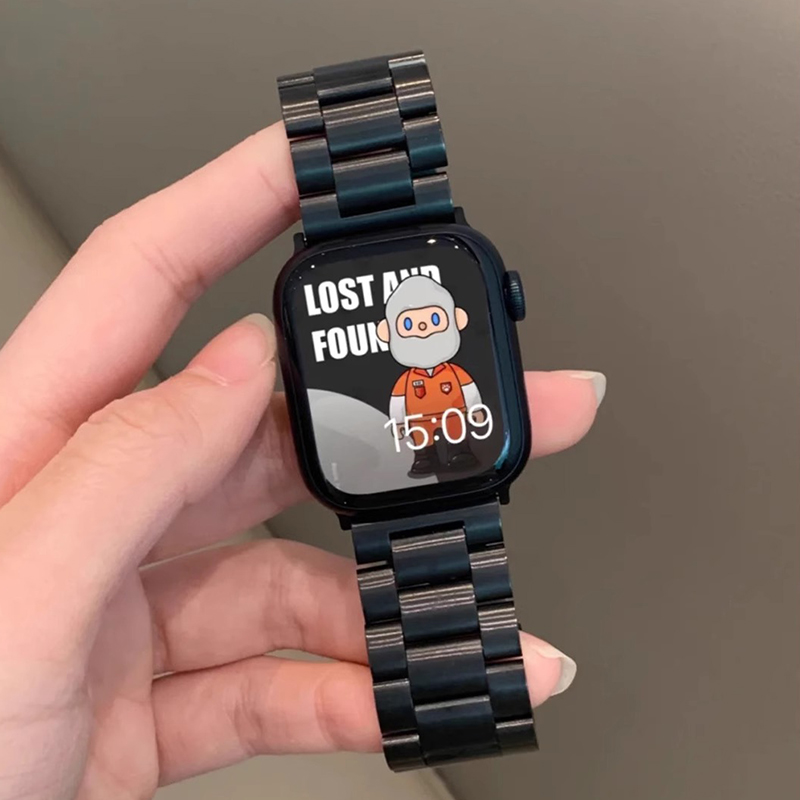 适用iwacthS10三株金属表带苹果手表S9不锈钢表带Applewatch8765SE腕带Ultra2代运动新款夏天透气42/46mm男生
