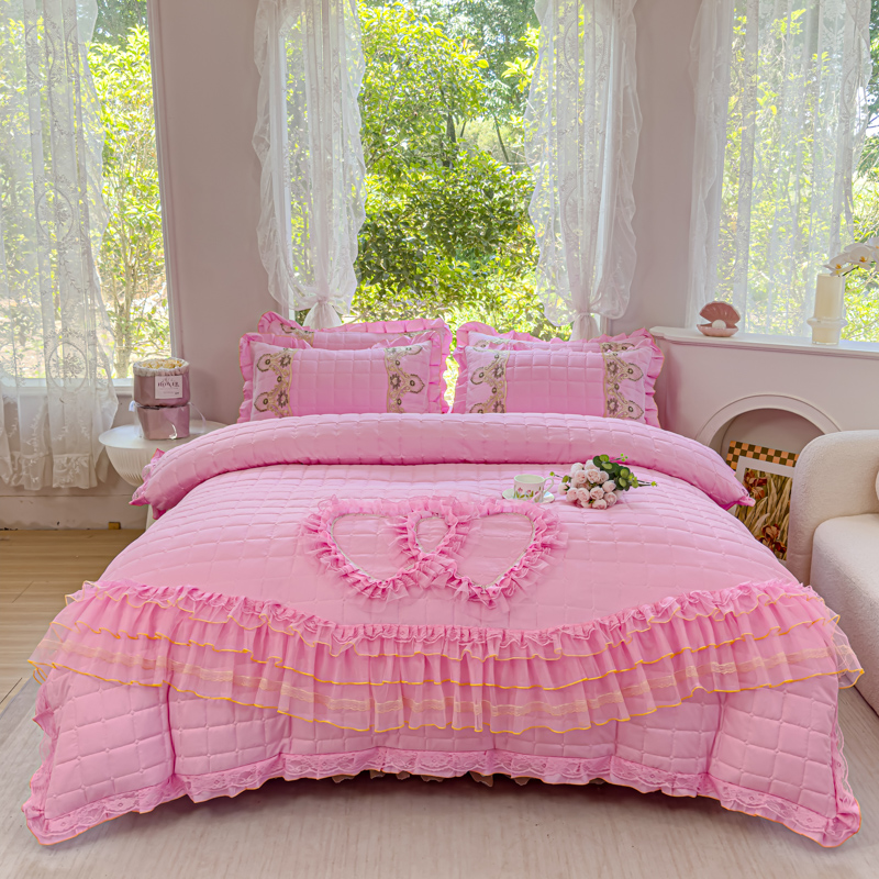 婚庆大红色公主风床单四件套加厚夹棉床裙蕾丝花边床罩被套4件套