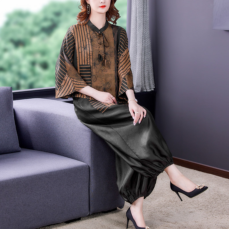 高端印花香云纱上衣灯笼裤套装女2023春夏新款洋气妈妈休闲两件套