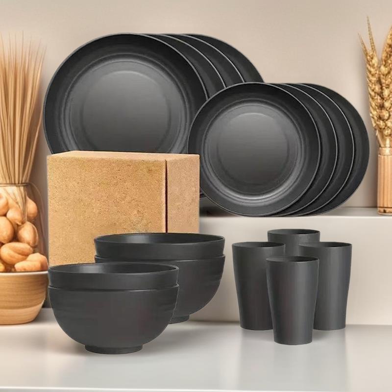 跨境货源麦秸秆碗碟盘盘子杯套黑色餐具家用餐盘水杯沙拉碗16