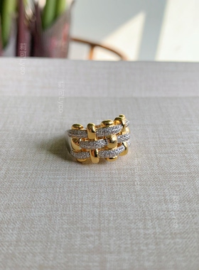 出口欧洲通体925纯银厚镀金精工高级感满钻编织ins风设计感戒指