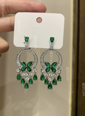 也有火彩 中古祖母绿耳夹耳钉镀18K金宫廷风新款重工时尚贵气耳饰