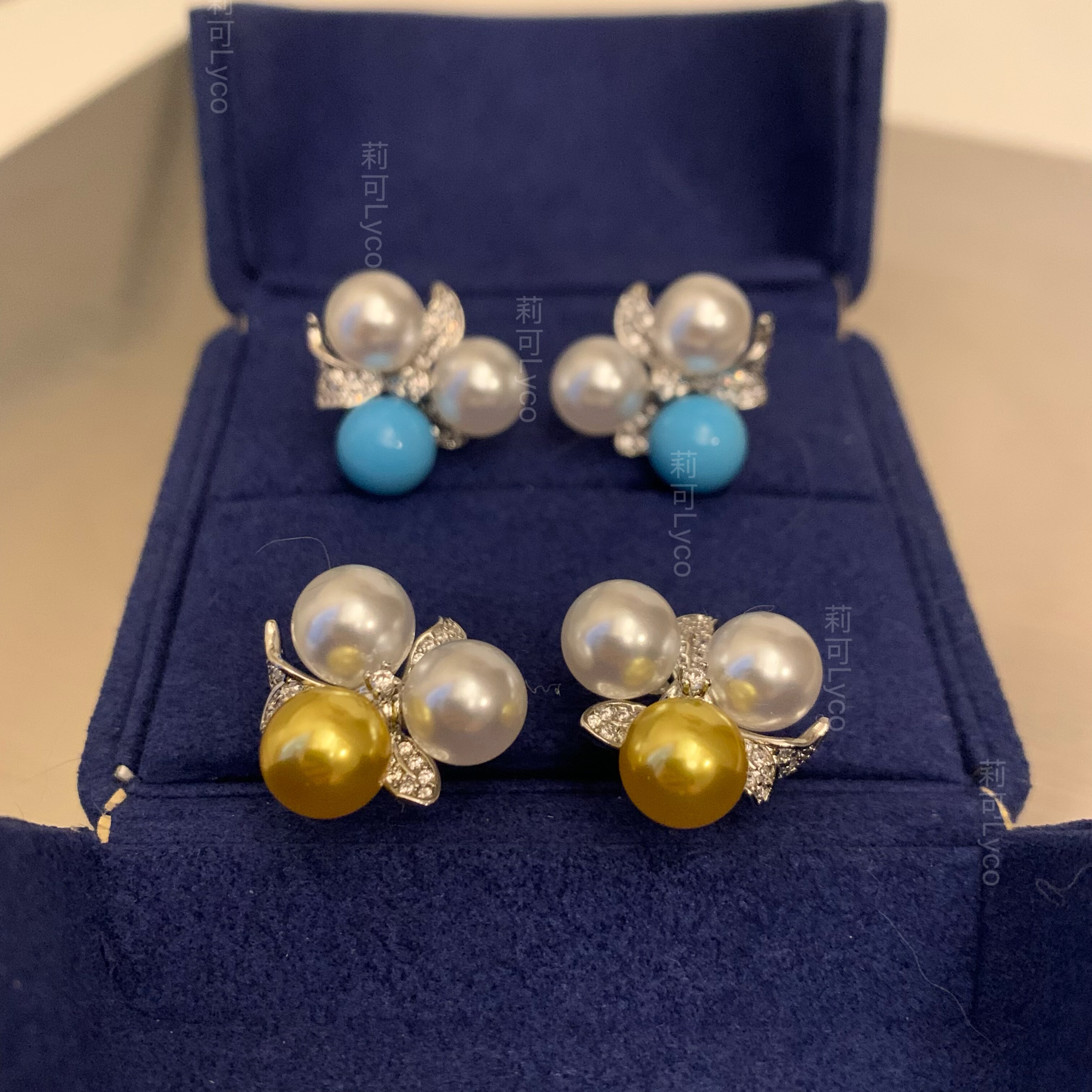 人工高瓷蓝色绿松石施家珍珠人造澳白南洋金珠浓金925纯银针耳钉