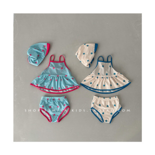夏季 比基尼 韩系儿童泳衣女孩分体三件套波点吊带宝宝度假温泉泳装