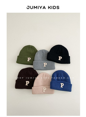 新款韩国P字母儿童帽子男女孩秋冬ins洋气1-3岁宝宝针织毛线帽潮