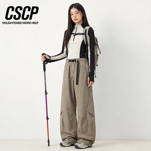 山系户外工装风冲锋裤情侣分割打褶弯刀阔腿裤女宽松休闲直筒长裤