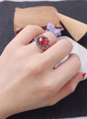复古钱袋石榴石红玛瑙女士银戒指
