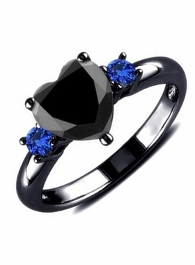 跨境电商专供新款欧美心形戒指电镀枪黑色黑宝石钻戒指