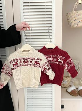秋冬季男女宝宝圣诞提花毛衣新款婴儿加厚针织衫小童红色新年衣服
