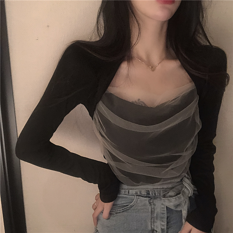 Black Mesh Patchwork Blouse shirts Women Fashion Korean Squa