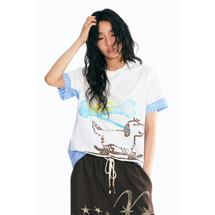 药九玖柒“ 滑板小狗” 衬衫面料拼接男女情侣短袖T恤/1997邮政局