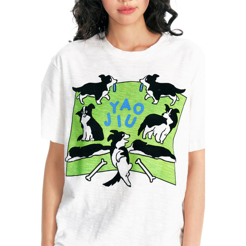 药九玖柒 “边牧小狗”竹节棉印花男女情侣teeT恤短袖/1997邮政局