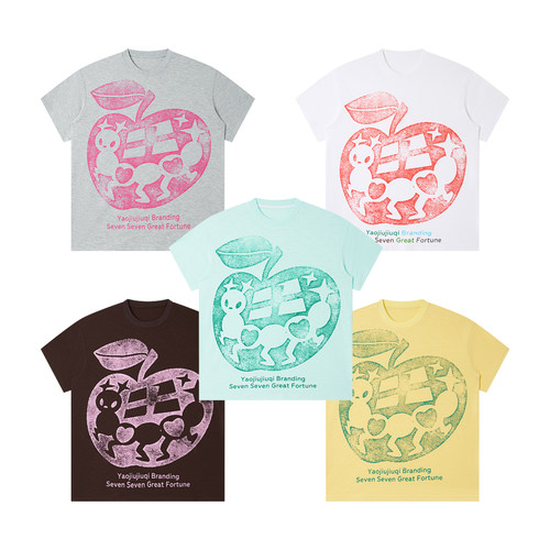 药九玖柒“苹果蚂蚁”植绒多色印花男女情侣tee短袖/1997邮政局