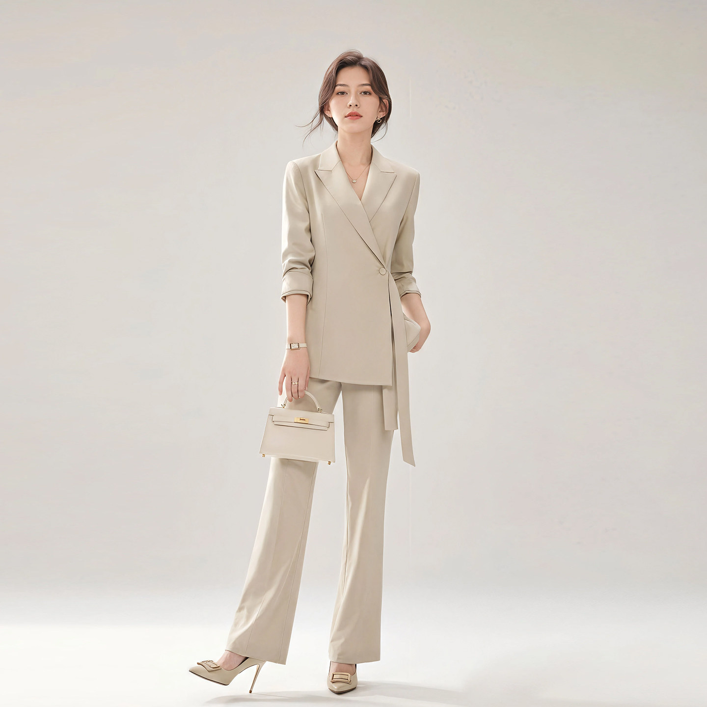 韩版春秋冬新款浅绿色纯色西服时尚修身西装上衣外套微喇裤套装女