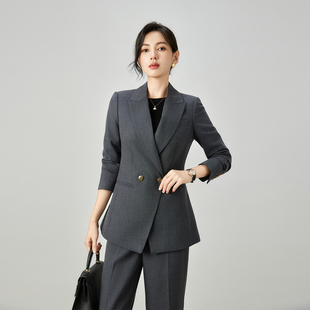 套装 春秋冬新款 直筒裤 外套收腰职业西服中长厚款 女 深灰色羊毛西装