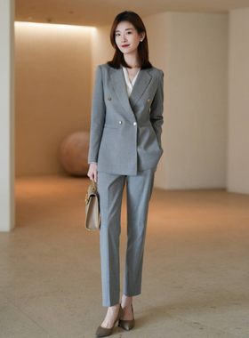 春秋新款灰色通勤西装外套职业正装西服时尚帅气小脚裤两件套装女