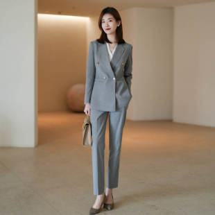 灰色通勤西装 两件套装 外套职业正装 帅气小脚裤 女 西服时尚 春秋新款