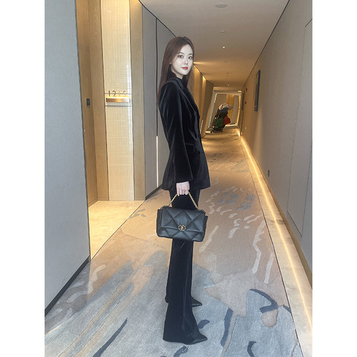 黑色丝绒西装套装弹性时髦长袖