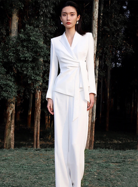 欧美春夏秋新款白色时尚西服外套修身气质职业阔腿裤小西装套装女