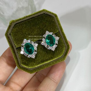 轻奢复古宫廷气质简约椭圆湖绿色人造宝石镶钻耳钉耳环耳饰耳夹
