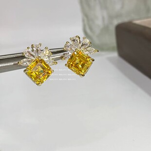 气质轻奢简约高级感镀金超闪精工黄钻方块耳钉耳环耳夹无耳洞佩戴