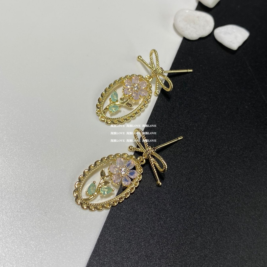 小众甜美蝴蝶结粉色花耳钉耳环