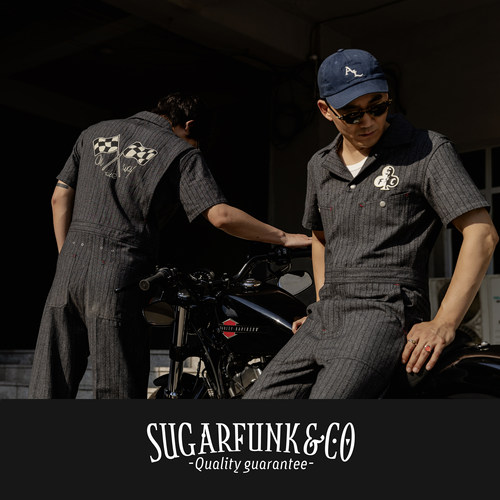 胡椒盐条纹半袖连体衣复古竞速服