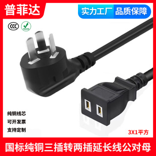 国标纯铜三插转两插电源线 两孔公对母延长线1平方加长线电磁炉线