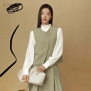 爱JU兔长袖衬衫两件套女新西装马甲雪纺衫套装