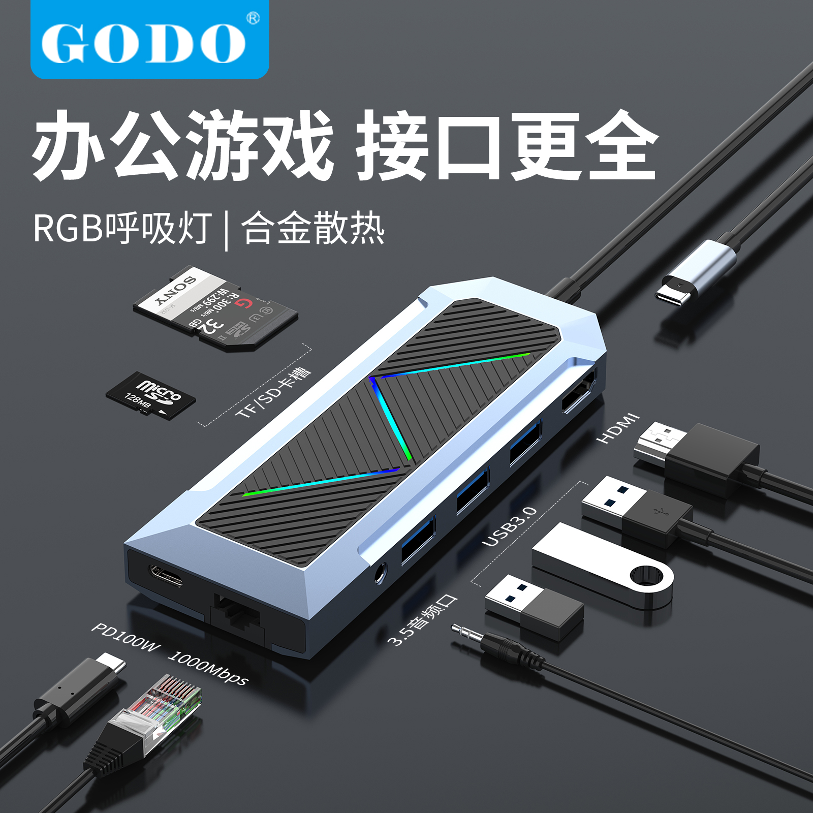 GODO扩展坞Typec适用平板笔记本手机拓展USB集分线器网线千兆转换器hub雷电4接口台式电脑HDMI转接头4K