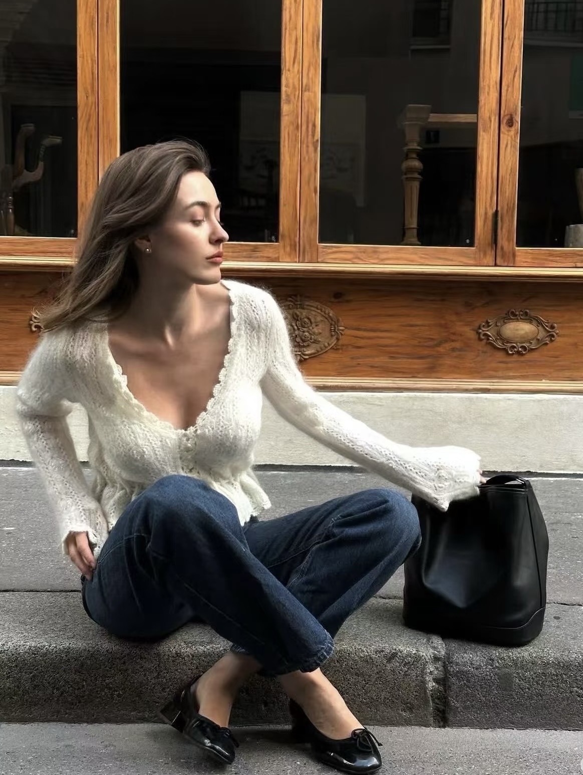 非实价来问我）南油v领羊毛混纺镂空贝壳边羊毛开衫