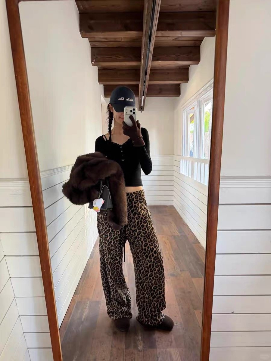 非实价来问我）南油假两件打底抽绳豹纹裤