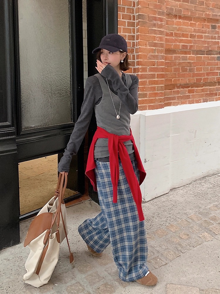 非实价来问我）南油格纹松紧腰加绒休闲裤