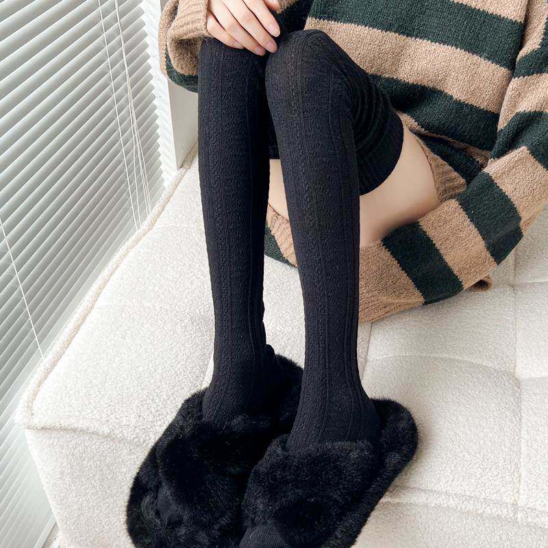 日本代购秋冬加厚棕色长袜卡其色高袜大腿袜暖麻图案灰色过膝女袜