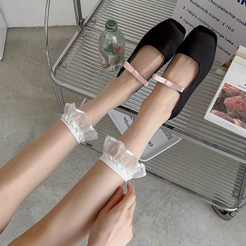 日本代购女式春夏白袜超薄透明黑袜日本风格Jk蕾丝洛丽塔白小腿袜