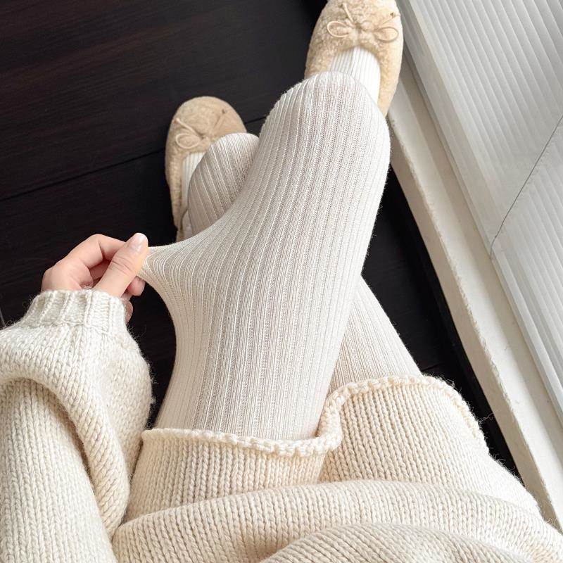 日本代购薄绒烟灰色连裤袜女秋冬款加厚保暖竖条纹咖色羊毛打底裤