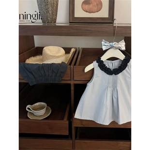 品牌折扣女童2025夏季 甜美木耳边背心 新款 韩系洋气学院风花苞短裤