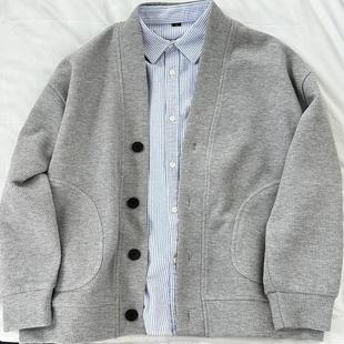 美式复古灰色华夫格卫衣外套男春秋款oversize慵懒风宽松开衫上衣