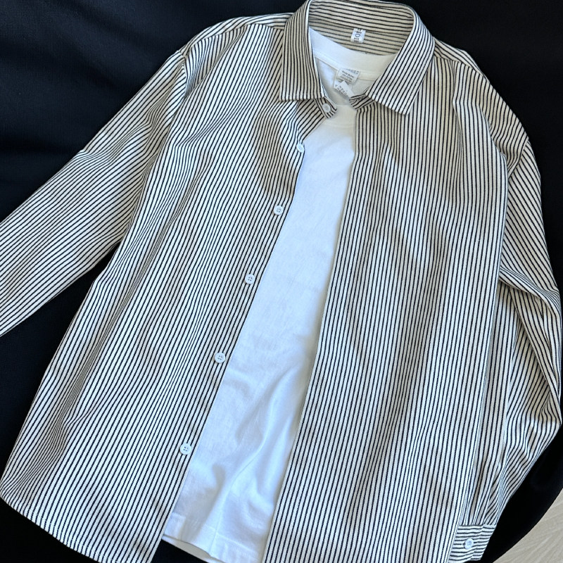 宽松百搭黑白竖条纹衬衫男女春秋季日系高级感长袖衬衫衬衣外套