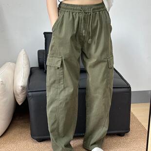 工装裤宽松帅气男女情侣卡其绿帆布口袋休闲收腿工装裤长裤嘻哈裤