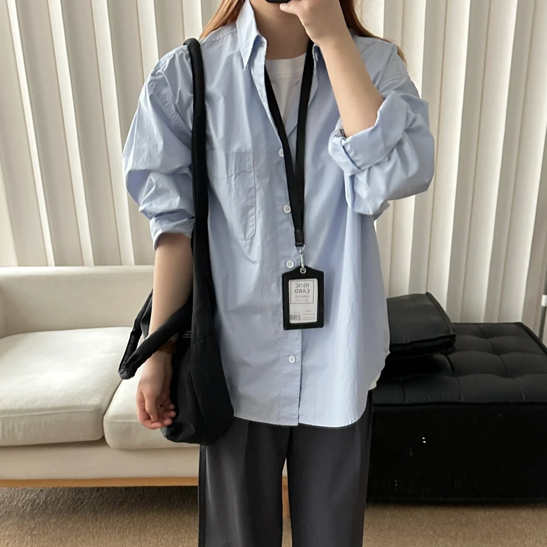 夏季新款男女情侣衬衣天蓝色衬衫宽松运动休闲外套高级感薄款上衣