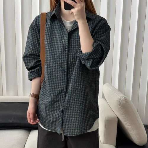 春秋新款衬衫百搭时尚中性防晒翻领格子衬衫情侣长袖少年感衬衫男